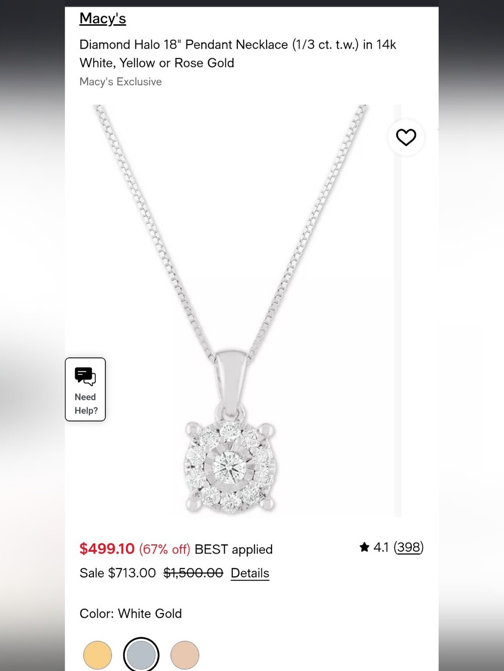 Macy's 1/3 CT diamond pendant in 14kw necklace